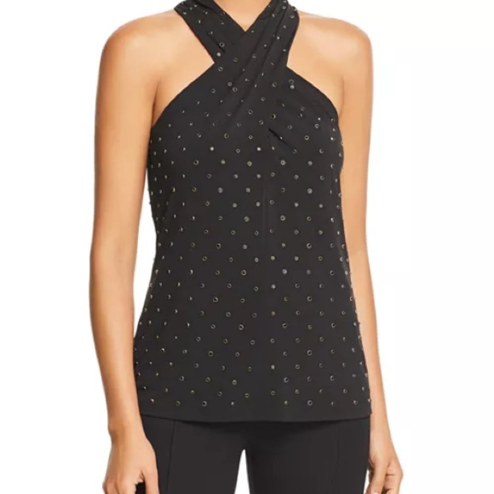 Kobi Halperin‎ Kristina Embellished Black Studded Crossover Halter Neck Top